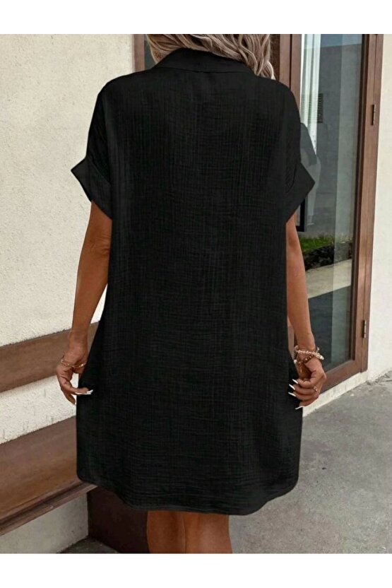 Kadın Kısa Kollu Bisiklet Yaka Yandan Yırtmaçlı Viskon Midi Elbise