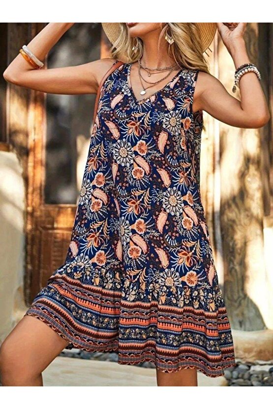 Kadın Askılı V Yakalı Fırfırlı Desenli Süprem Kısa Elbise