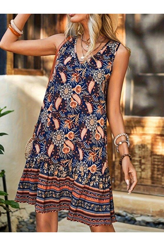 Kadın Askılı V Yakalı Fırfırlı Desenli Süprem Kısa Elbise