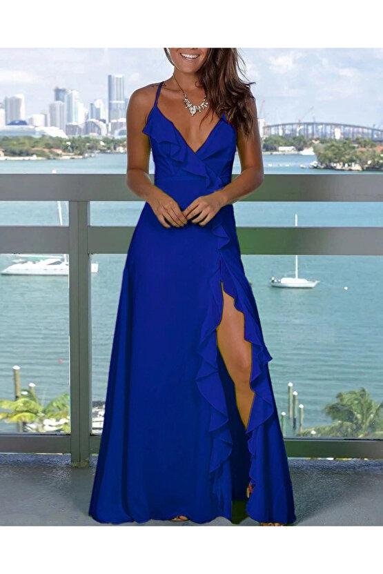 Kadın Ip Askılı Dekolteli Yırtmaç Detay Krep Elbise