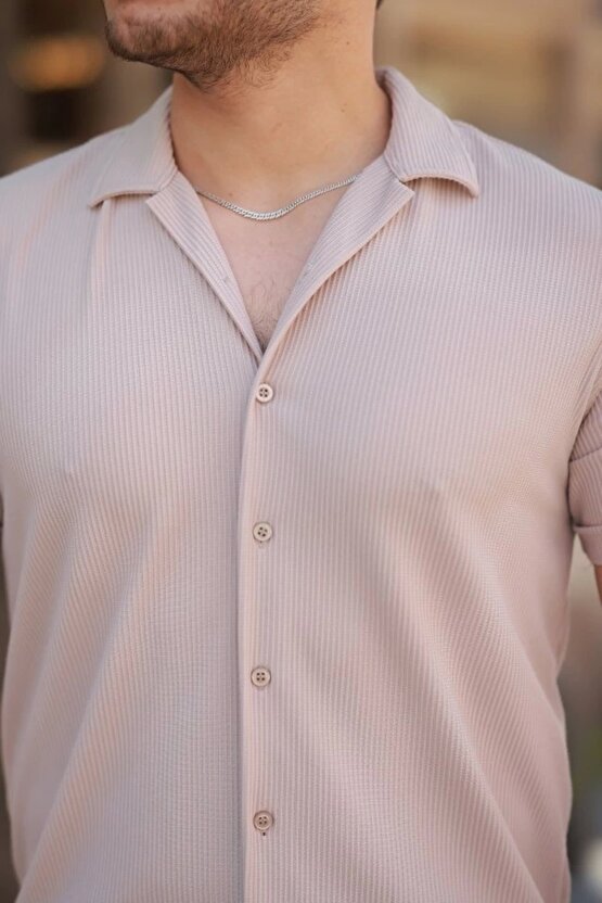 Erkek Ottoman Kumaş Apaj Yaka Kısa Kollu Gömlek