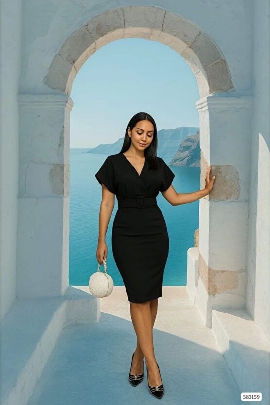 Kadın Dalgıç Krep V Yaka Ve Sırt Dekolte Detaylı Elbise