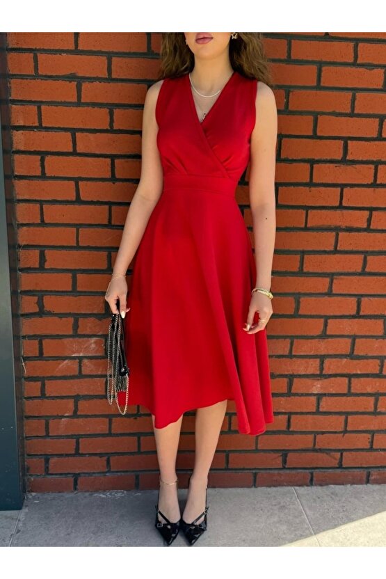 Kadın Ithal Krep Kumaş Kruvaze Yaka Eteği Kloş Kolsuz Mini Elbise