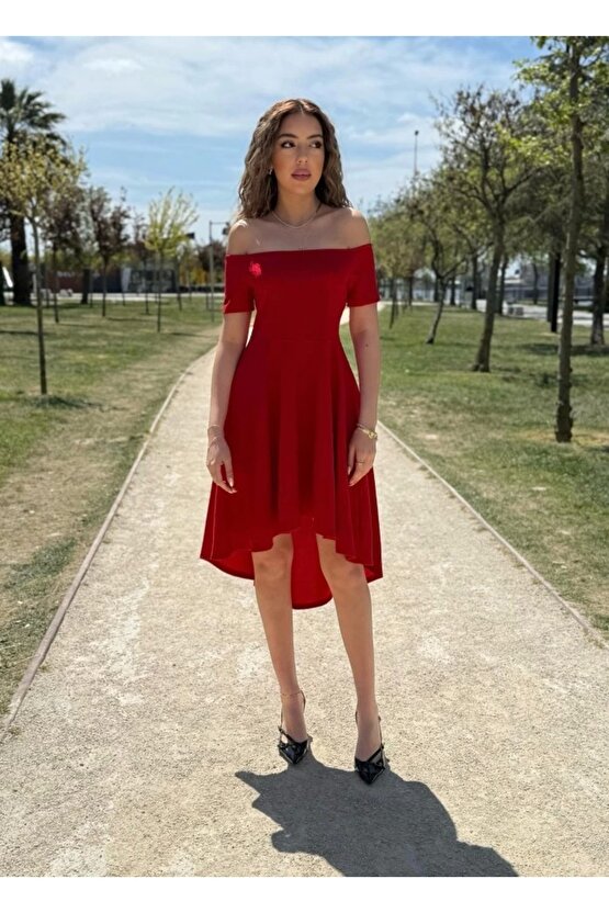 Kadın Kısa Kollu Madonna Yaka önü Kısa Arkası Uzun Ithal Krep Elbise