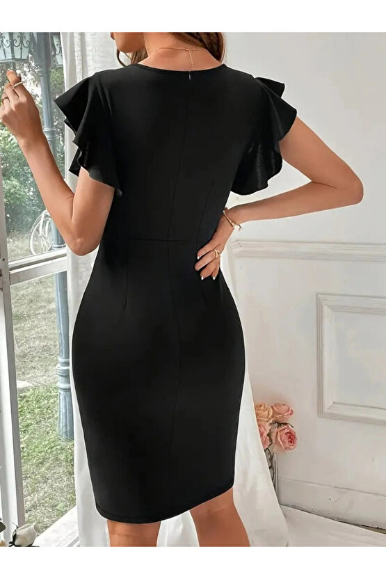 Kadın Kısa Kollu V Yakalı Kolları Volanlı Yandan Yırtmaçlı Kısa Janjan Krep Elbise