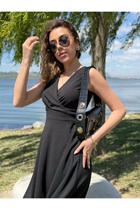 Kadın Ithal Krep Kumaş Kruvaze Yaka Eteği Kloş Kolsuz Mini Elbise