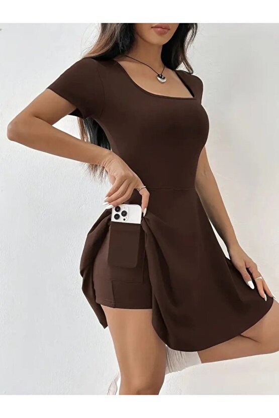 Kadın Kısa Kollu Kare Yaka Short Detaylı Cepli Dalgıç Elbise