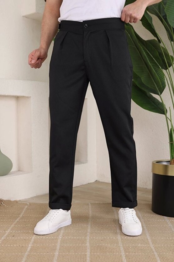 Erkek Duble Paça Yandan Tokalı Cord Desenli Pantolon