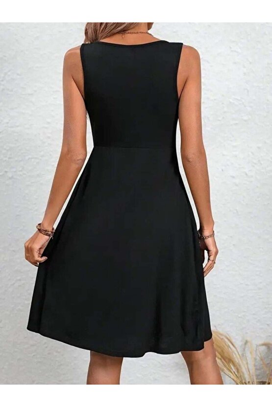 Kadın Askılı Yuvarlak Yaka önden Pileli Viskon Elbise