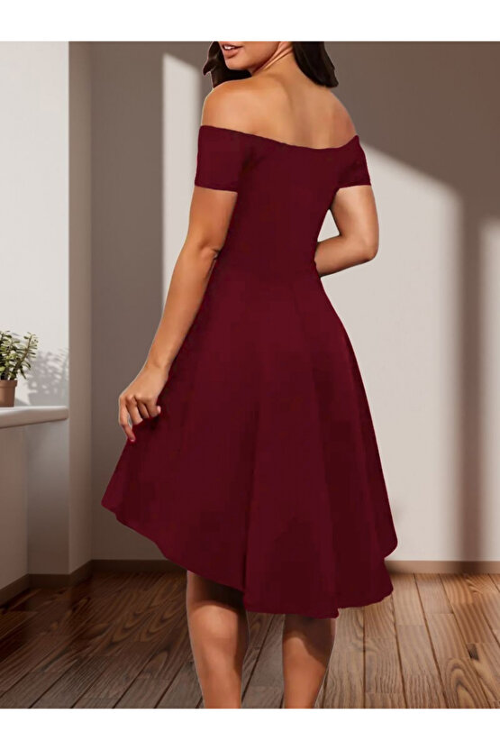 Kadın Kısa Kollu Madonna Yaka önü Kısa Arkası Uzun Ithal Krep Elbise