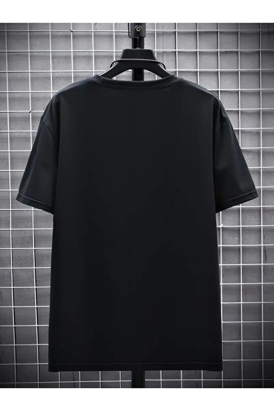 Baskılı Oversize Bisiklet Yaka T-shirt - Siyah