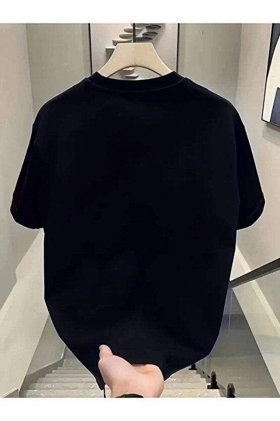 Baskılı Oversize Bisiklet Yaka T-shirt - Siyah