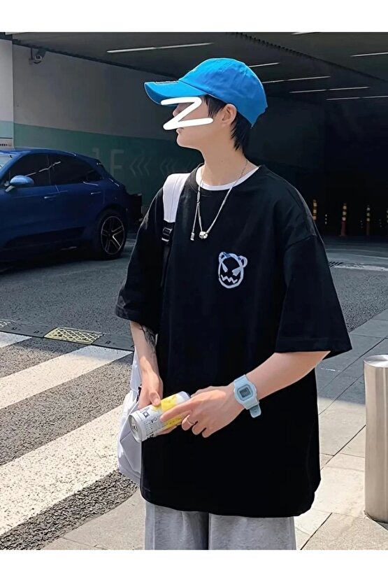 Baskılı Oversize Bisiklet Yaka T-shirt - Siyah