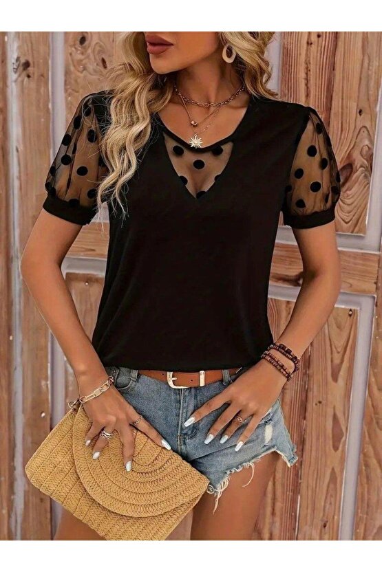 Kadın Kısa Kollu Göğüs Damla Ve Puantiyeli Tül Detaylı Viskon Bluz