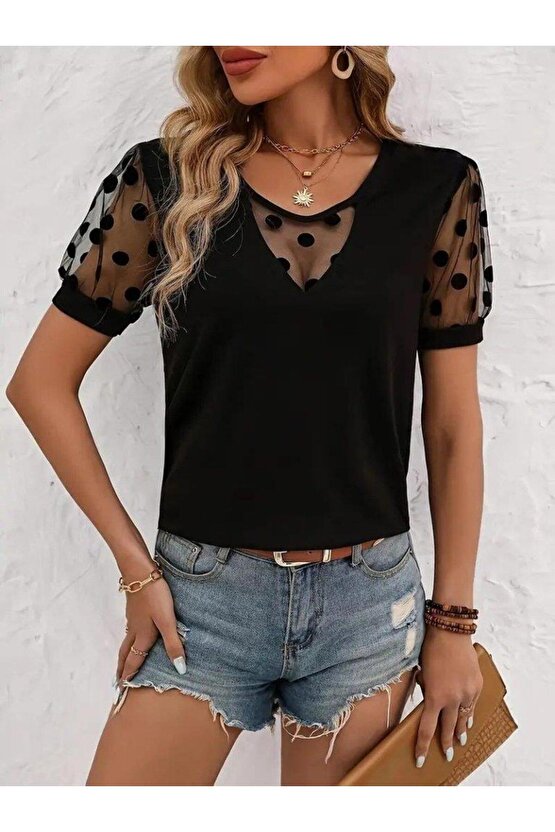 Kadın Kısa Kollu Göğüs Damla Ve Puantiyeli Tül Detaylı Viskon Bluz