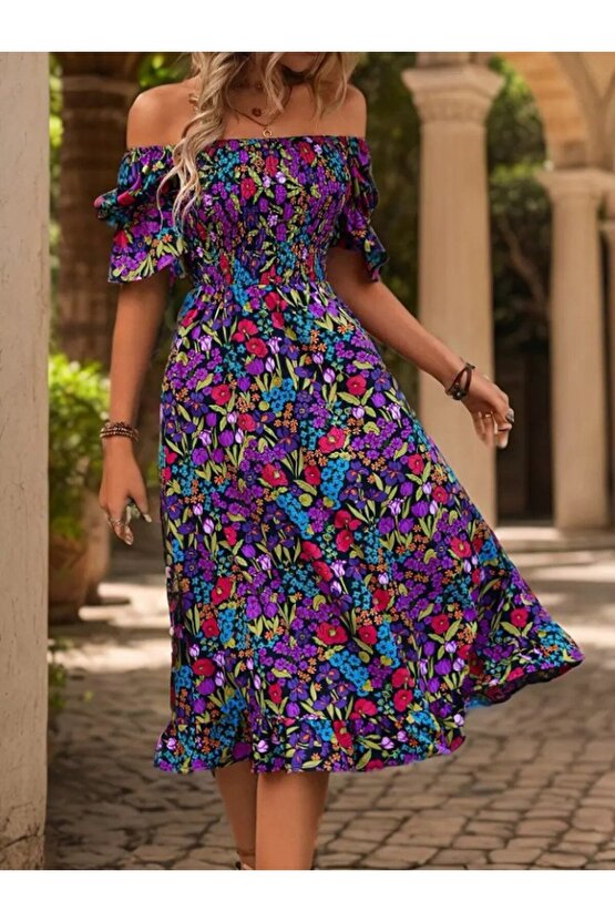 Turega Style Kadın Kısa Kollu Kare Yakalı Beli Lastikli çiçek Desenli Mini Süprem Elbise