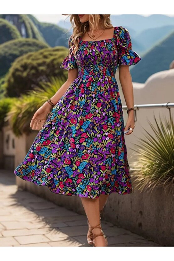 Turega Style Kadın Kısa Kollu Kare Yakalı Beli Lastikli çiçek Desenli Mini Süprem Elbise