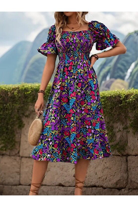Turega Style Kadın Kısa Kollu Kare Yakalı Beli Lastikli çiçek Desenli Mini Süprem Elbise