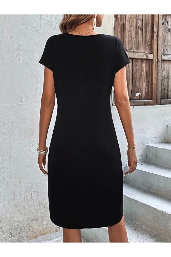 Kadın Kısa Kollu Bisiklet Yaka Viskon Iki Iplik Elbise