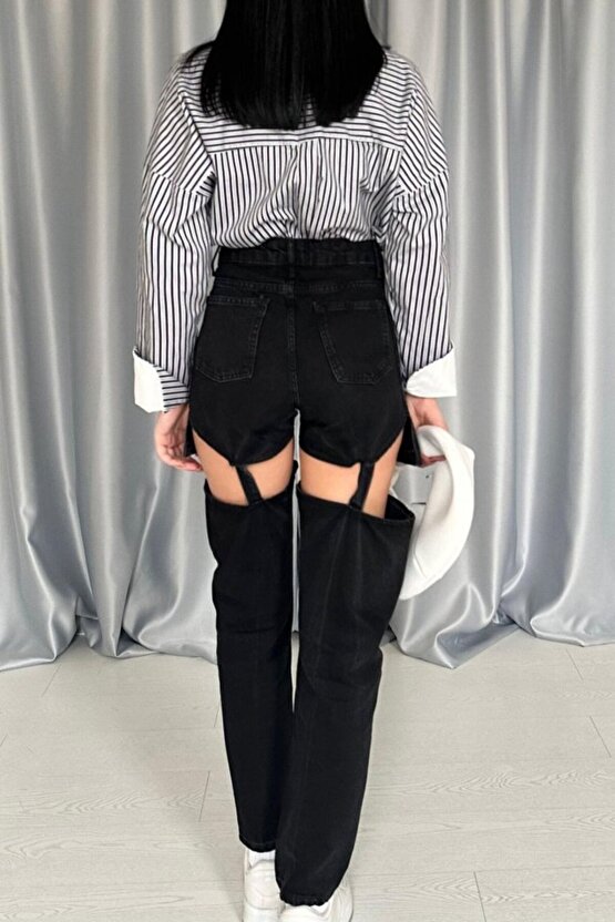 Siyah Askılı İki Parça Jeans Pantolon