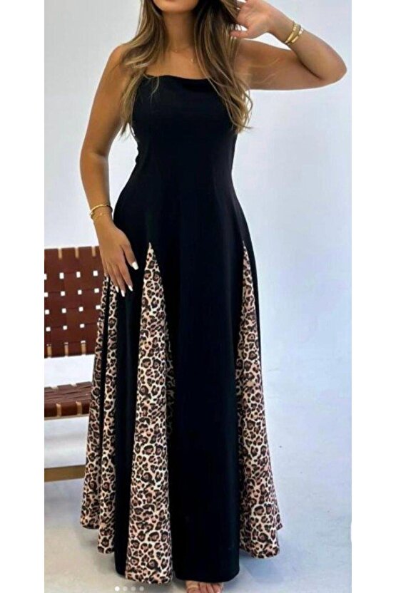 Kadın Dalgıç Kumaş Leopar Desenli Kloş Elbise