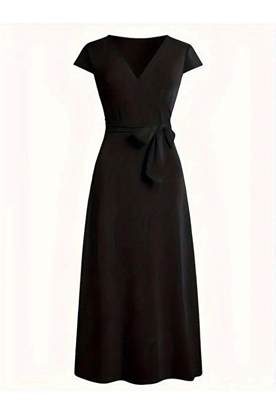 Kadın Kısa Kollu V Yakalı Belden Kuşaklı Maksi Boy Viskon Elbise