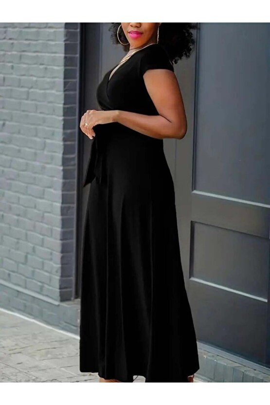 Kadın Kısa Kollu V Yakalı Belden Kuşaklı Maksi Boy Viskon Elbise