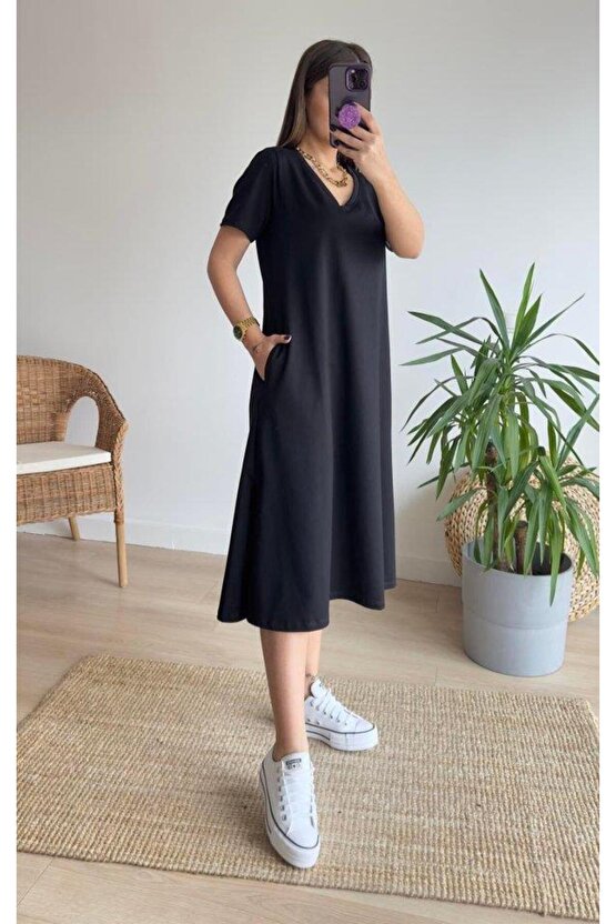 Kadın Kısa Kollu V Yaka Cepli A Kesim Detaylı Viskon Elbise