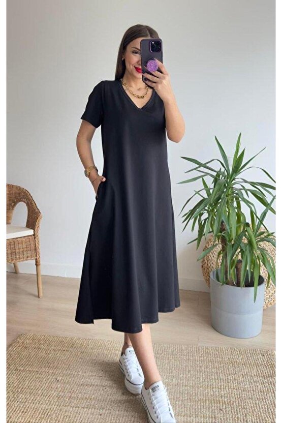 Kadın Kısa Kollu V Yaka Cepli A Kesim Detaylı Viskon Elbise