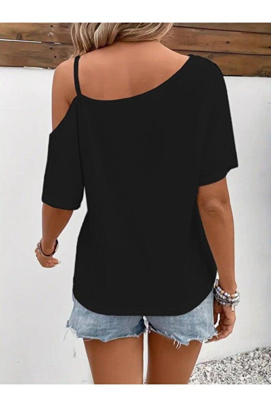 Kadın Tek Omuzu Açık Ip Askılı Baskılı Viskon Bluz