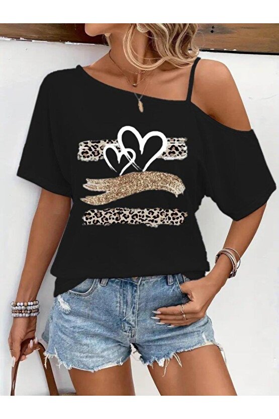 Kadın Tek Omuzu Açık Ip Askılı Baskılı Viskon Bluz