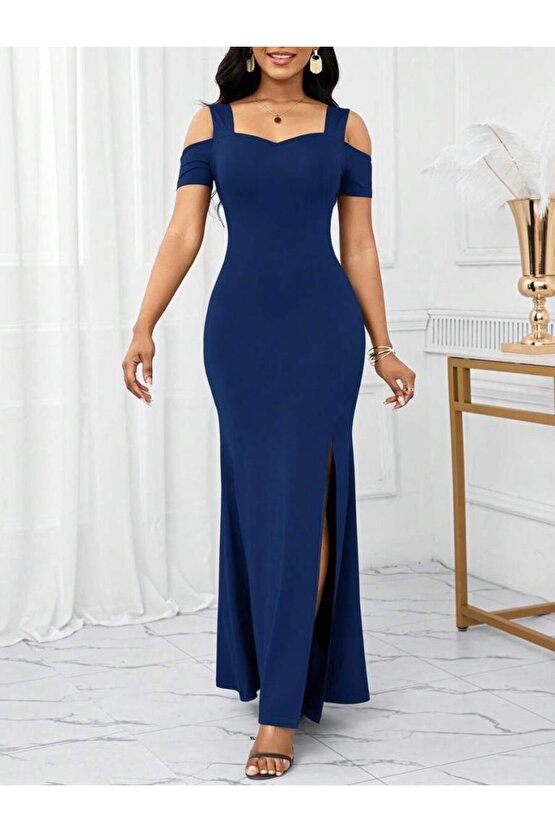 Kadın Omuzlardan Açık Askılı Yırtmaç Detaylı Uzun Ithal Krep Elbise