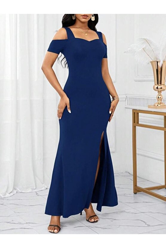 Kadın Omuzlardan Açık Askılı Yırtmaç Detaylı Uzun Ithal Krep Elbise