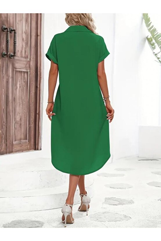 Kadın Kısa Kollu Yakalı Düğme Detay Midi Dokuma Elbise
