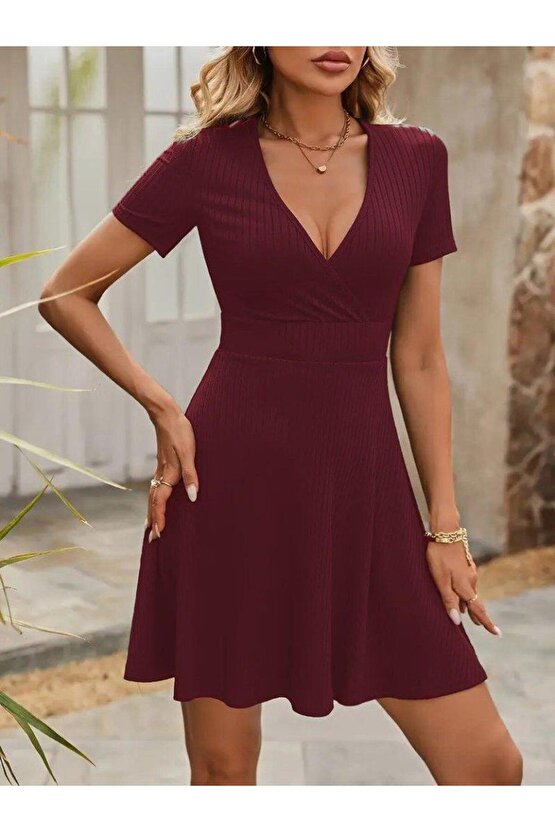 Kadın Kısa Kollu Kruvaze Yaka A Kesim Kalın Fitilli Kaşkorse Elbise
