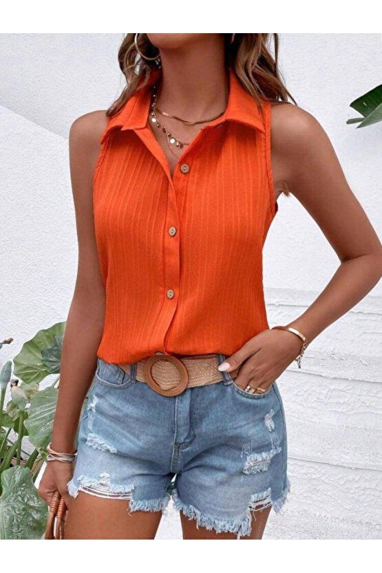 Kadın Sıfır Kol Pamela Kumaş Gömlek