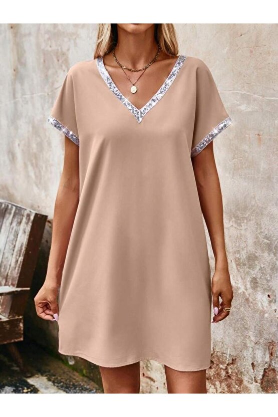 Kadın Yaka Ve Kol Pul Payet şeritli Ithal Krep Elbise