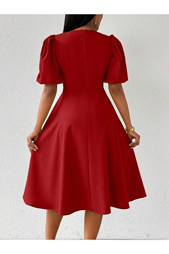 Kadın Kısa Balon Kollu Bisiklet Yaka Kiloş Janjan Krep Elbise