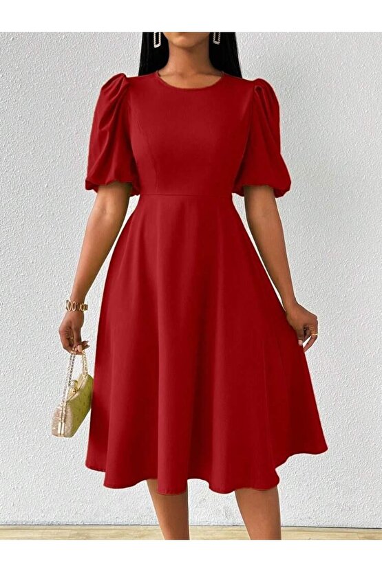 Kadın Kısa Balon Kollu Bisiklet Yaka Kiloş Janjan Krep Elbise