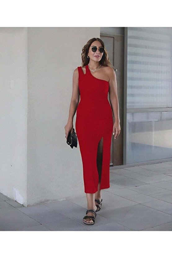 Kadın Kolsuz Tek Omuz Damla Detay JanJan Krep Elbise