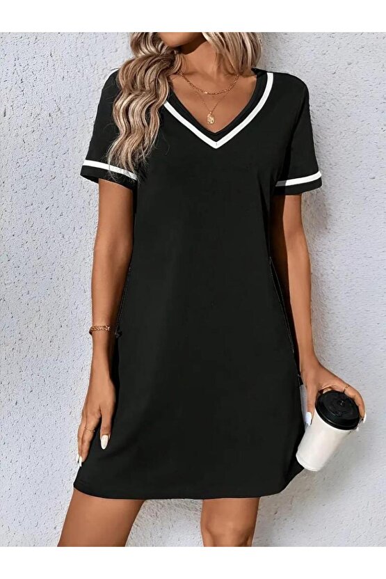 Kadın Kısa Kollu V çizgili Yakalı Kısa Viskon Elbise