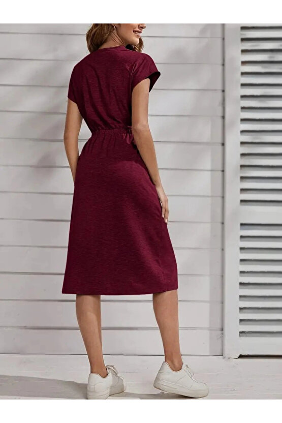 Kadın Kısa Kollu Bisiklet Yaka Belden Lastikli Midi Viskon Elbise