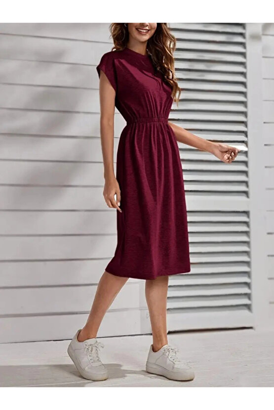 Kadın Kısa Kollu Bisiklet Yaka Belden Lastikli Midi Viskon Elbise