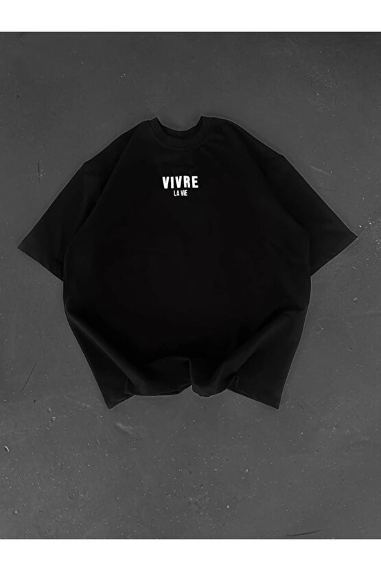 Baskılı Oversize Bisiklet Yaka T-shirt - Siyah