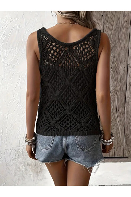 Gökyüzü Moda Kadın Askılı Yuvarlak Yaka Geometrik Desenli Triko Bluz