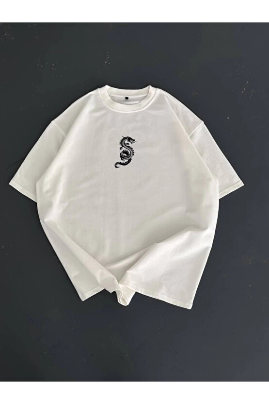 Baskılı Oversize Bisiklet Yaka T-shirt - Beyaz