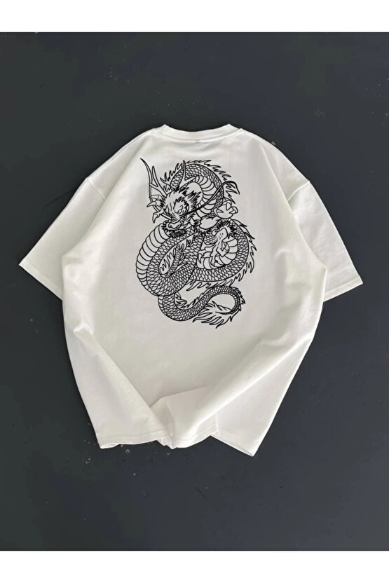 Baskılı Oversize Bisiklet Yaka T-shirt - Beyaz