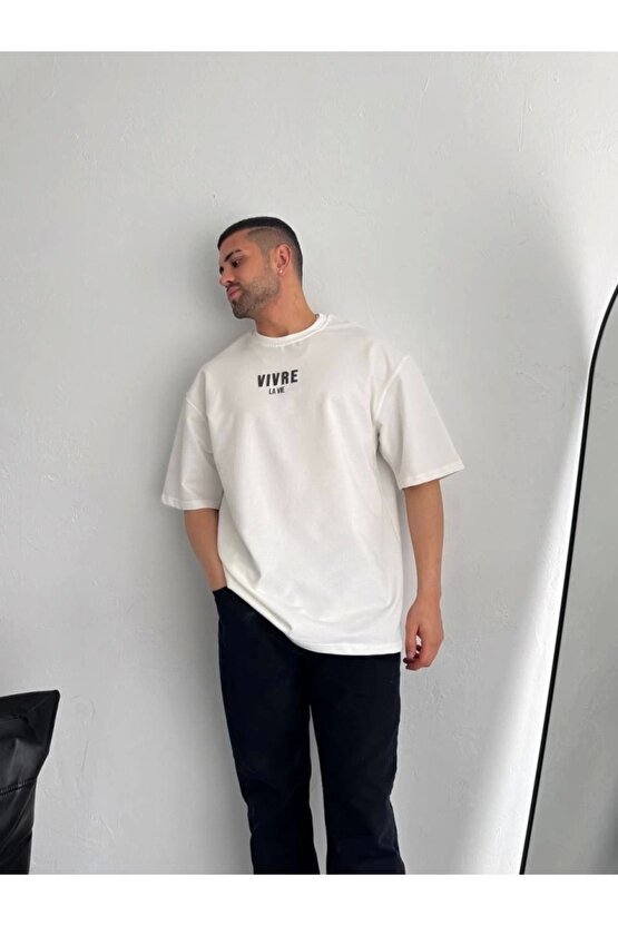 Baskılı Oversize Bisiklet Yaka T-shirt - Beyaz