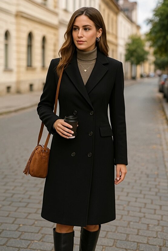 Kadın Uzun Kollu Yakalı Düğme Ve Cepli Kaşe Kaban