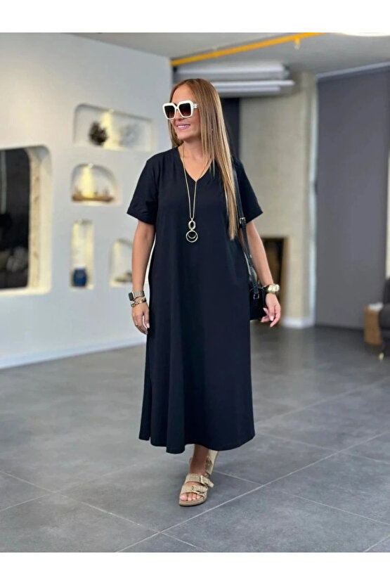 Kadın Kısa Kollu V Yakalı Cep Detaylı Uzun Viskon Iki Iplik Elbise